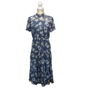 Lulus Dusty Blue Floral Tiered Midi Dress Size Small Cottagecore Boho Chic